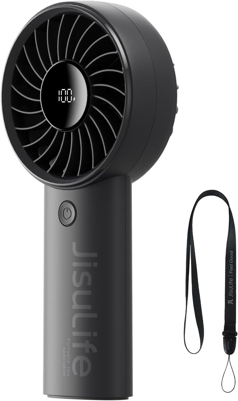 JISULIFE Portable Hand Fan, 5000mAh Mini Rechargeable Fan, 5 Speeds Turbo Wind, 15 Hours Cooling, LED Display, Essential for Travel, Vacation, Makeup, Concerts, Cruise - Black
