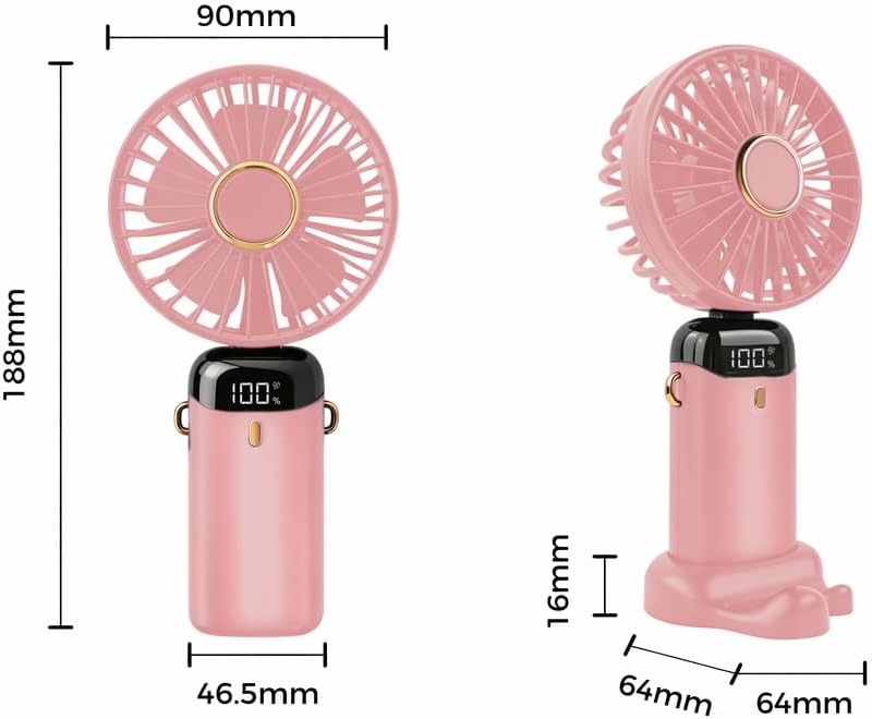 Jsdoin Portable Hand Fan, Portable USB Rechargeable Foldable Mini Desk Fan with 5 Speeds, Battery Powered and LED Display for Home Office, Bedroom, Outdoor and Travel (Pink)