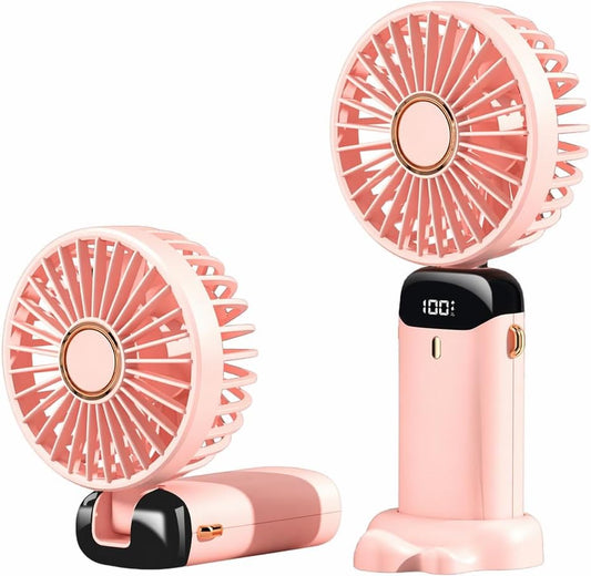 Jsdoin Portable Hand Fan, Portable USB Rechargeable Foldable Mini Desk Fan with 5 Speeds, Battery Powered and LED Display for Home Office, Bedroom, Outdoor and Travel (Pink)