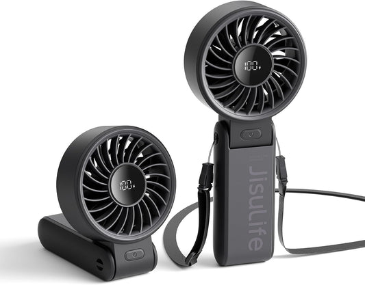 JISULIFE Hand Fan, Powerful Portable Fan with LED Display, Up to 19.5 Hours, 5000 mAh, 3-in-1 Fan for Hand, Desk and Neck, Mini Fan for Travel (Black)