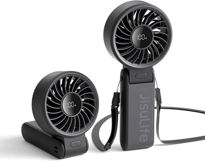JISULIFE Hand Fan, Powerful Portable Fan with LED Display, Up to 19.5 Hours, 5000 mAh, 3-in-1 Fan for Hand, Desk and Neck, Mini Fan for Travel (Black)