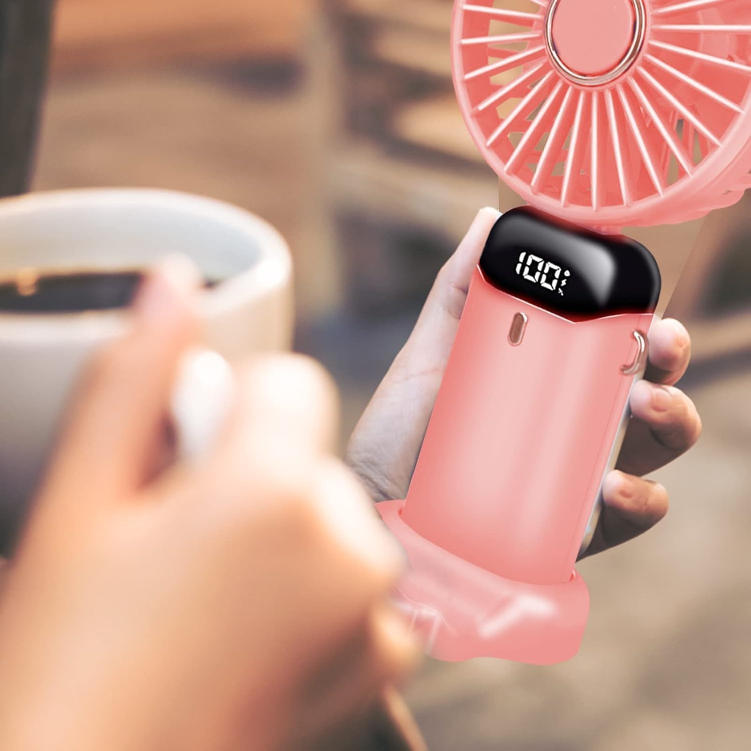 Jsdoin Portable Hand Fan, Portable USB Rechargeable Foldable Mini Desk Fan with 5 Speeds, Battery Powered and LED Display for Home Office, Bedroom, Outdoor and Travel (Pink)