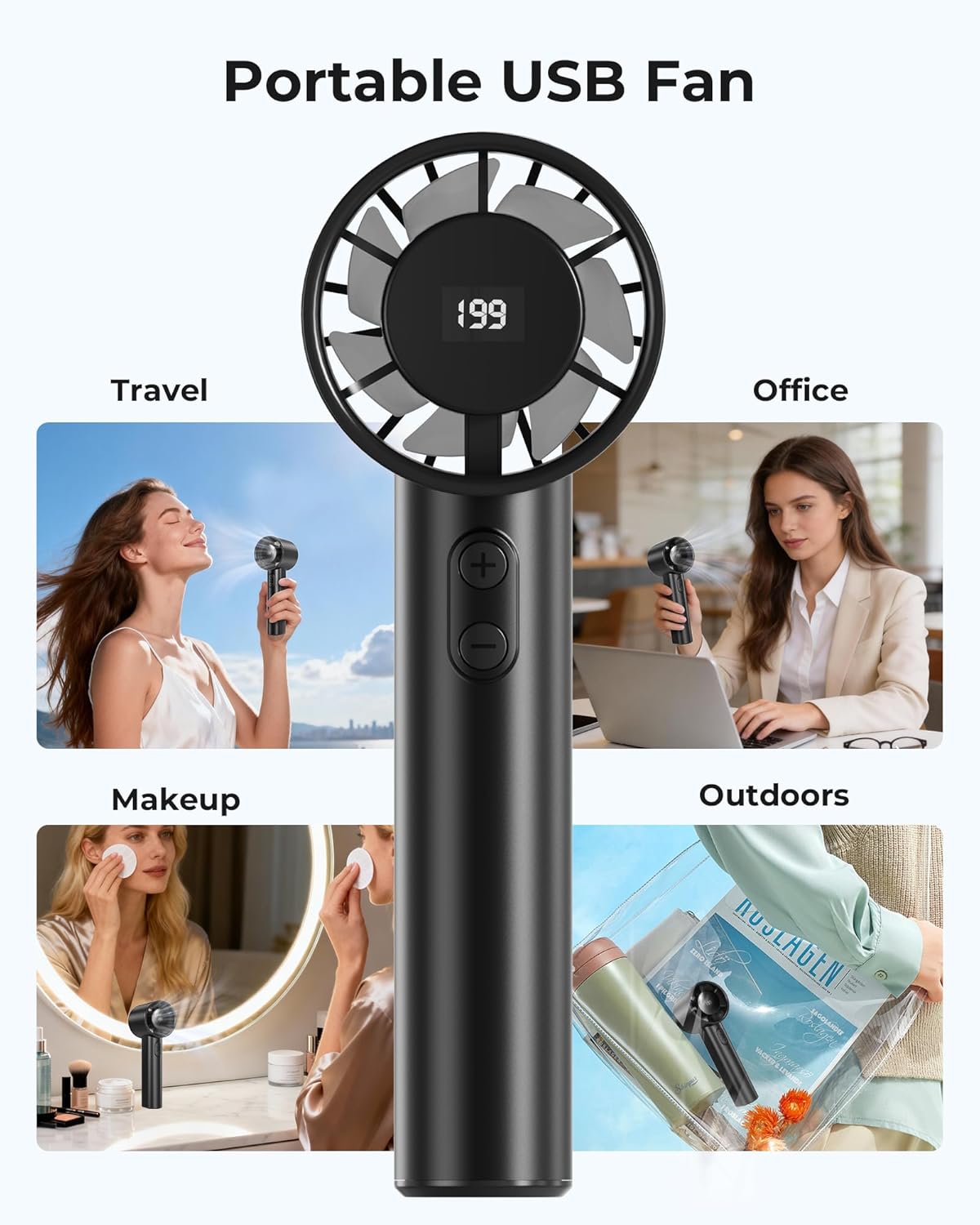 Portable Hand Fan - 1-199 Speeds, LED Display, Up to 13U Use, USB Rechargeable, for Indoor, Outdoor, Travel, Makeup, Gift for Women, Black