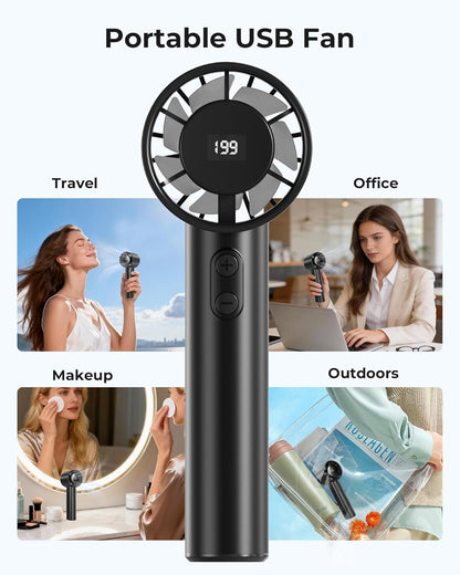 Portable Hand Fan - 1-199 Speeds, LED Display, Up to 13U Use, USB Rechargeable, for Indoor, Outdoor, Travel, Makeup, Gift for Women, Black