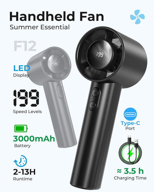 Portable Hand Fan - 1-199 Speeds, LED Display, Up to 13U Use, USB Rechargeable, for Indoor, Outdoor, Travel, Makeup, Gift for Women, Black