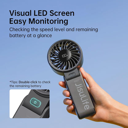 JISULIFE Hand Fan, Powerful Portable Fan with LED Display, Up to 19.5 Hours, 5000 mAh, 3-in-1 Fan for Hand, Desk and Neck, Mini Fan for Travel (Black)