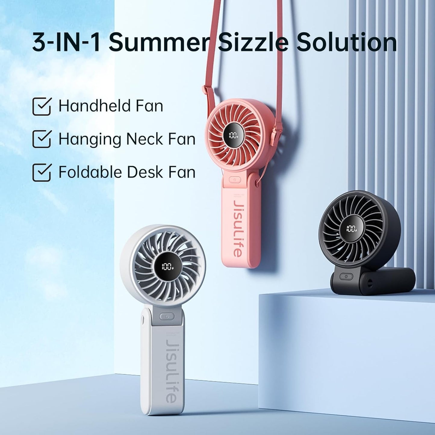JISULIFE Hand Fan, Powerful Portable Fan with LED Display, Up to 19.5 Hours, 5000 mAh, 3-in-1 Fan for Hand, Desk and Neck, Mini Fan for Travel (Black)