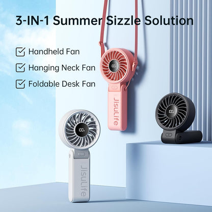 JISULIFE Hand Fan, Powerful Portable Fan with LED Display, Up to 19.5 Hours, 5000 mAh, 3-in-1 Fan for Hand, Desk and Neck, Mini Fan for Travel (Black)