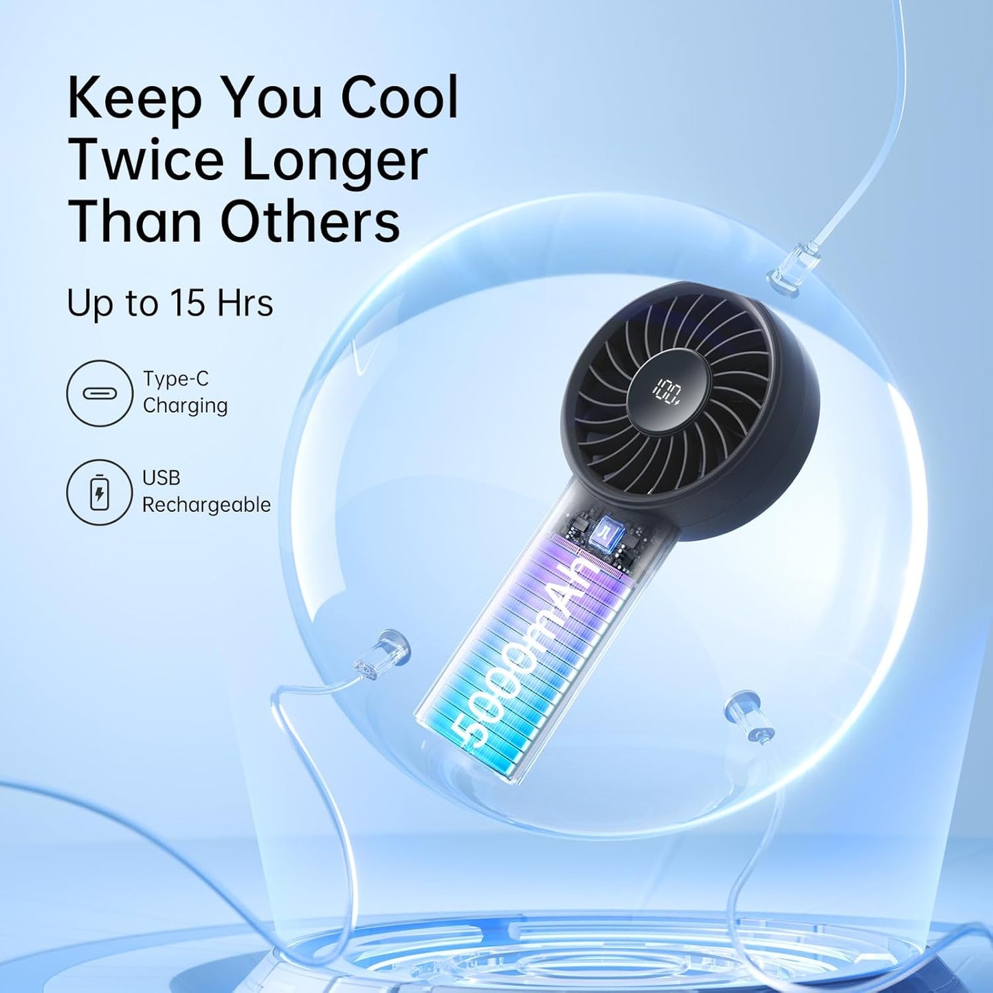 JISULIFE Portable Hand Fan, 5000mAh Mini Rechargeable Fan, 5 Speeds Turbo Wind, 15 Hours Cooling, LED Display, Essential for Travel, Vacation, Makeup, Concerts, Cruise - Black