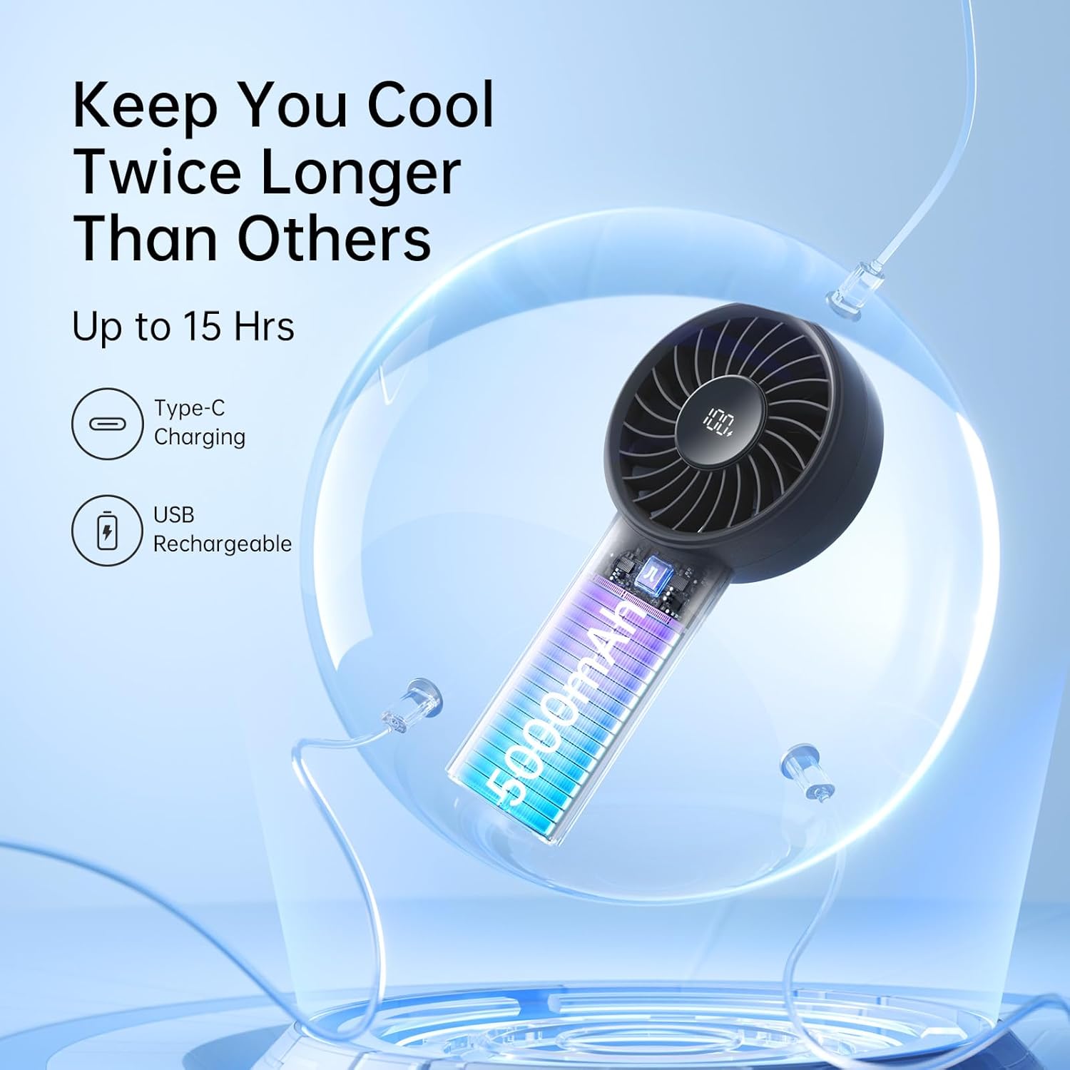 JISULIFE Portable Hand Fan, 5000mAh Mini Rechargeable Fan, 5 Speeds Turbo Wind, 15 Hours Cooling, LED Display, Essential for Travel, Vacation, Makeup, Concerts, Cruise - Black