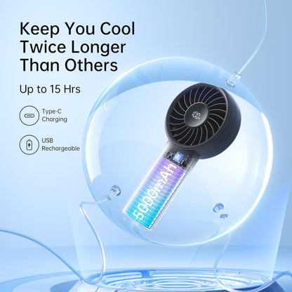 JISULIFE Portable Hand Fan, 5000mAh Mini Rechargeable Fan, 5 Speeds Turbo Wind, 15 Hours Cooling, LED Display, Essential for Travel, Vacation, Makeup, Concerts, Cruise - Black