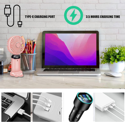 Jsdoin Portable Hand Fan, Portable USB Rechargeable Foldable Mini Desk Fan with 5 Speeds, Battery Powered and LED Display for Home Office, Bedroom, Outdoor and Travel (Pink)