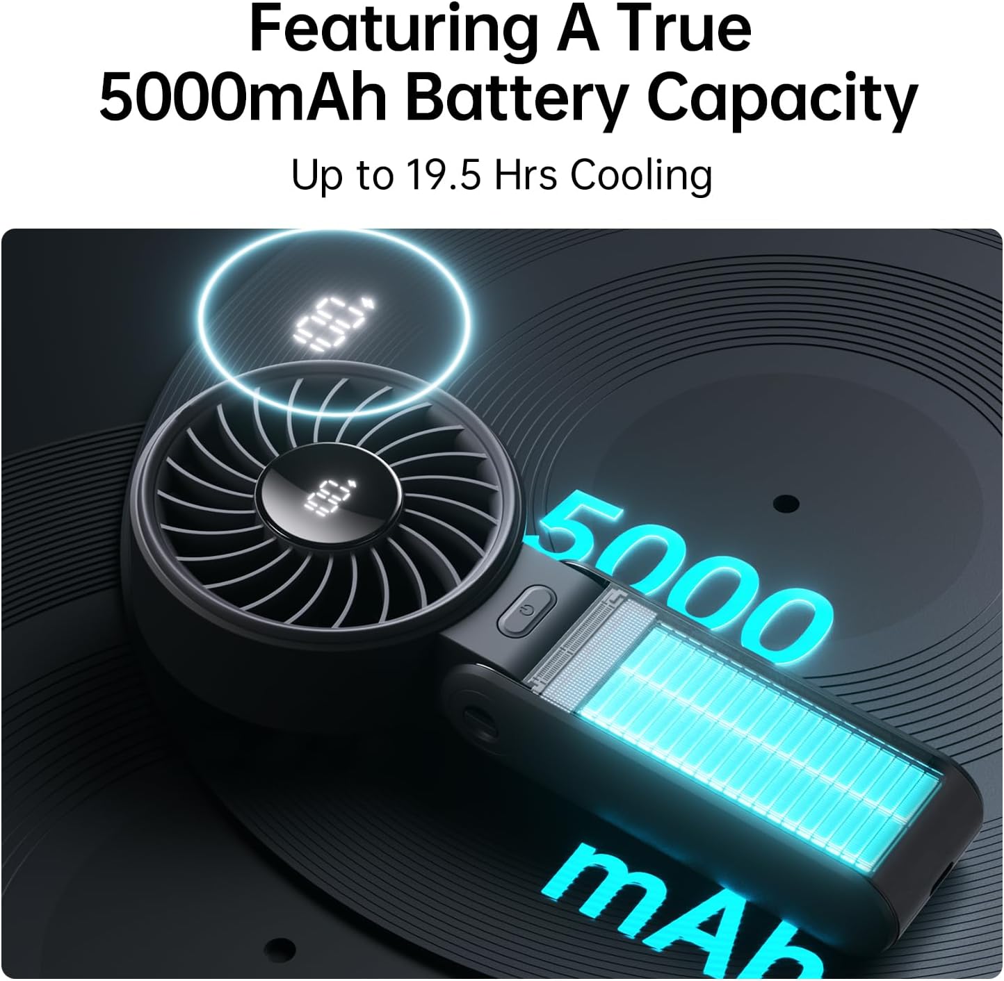 JISULIFE Hand Fan, Powerful Portable Fan with LED Display, Up to 19.5 Hours, 5000 mAh, 3-in-1 Fan for Hand, Desk and Neck, Mini Fan for Travel (Black)