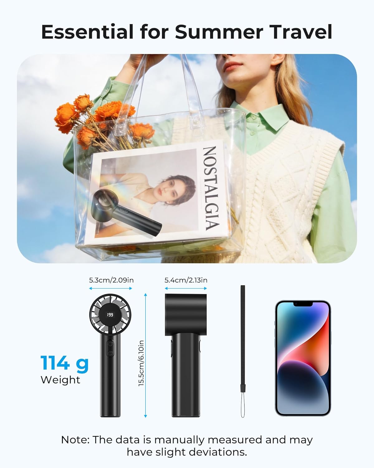 Portable Hand Fan - 1-199 Speeds, LED Display, Up to 13U Use, USB Rechargeable, for Indoor, Outdoor, Travel, Makeup, Gift for Women, Black